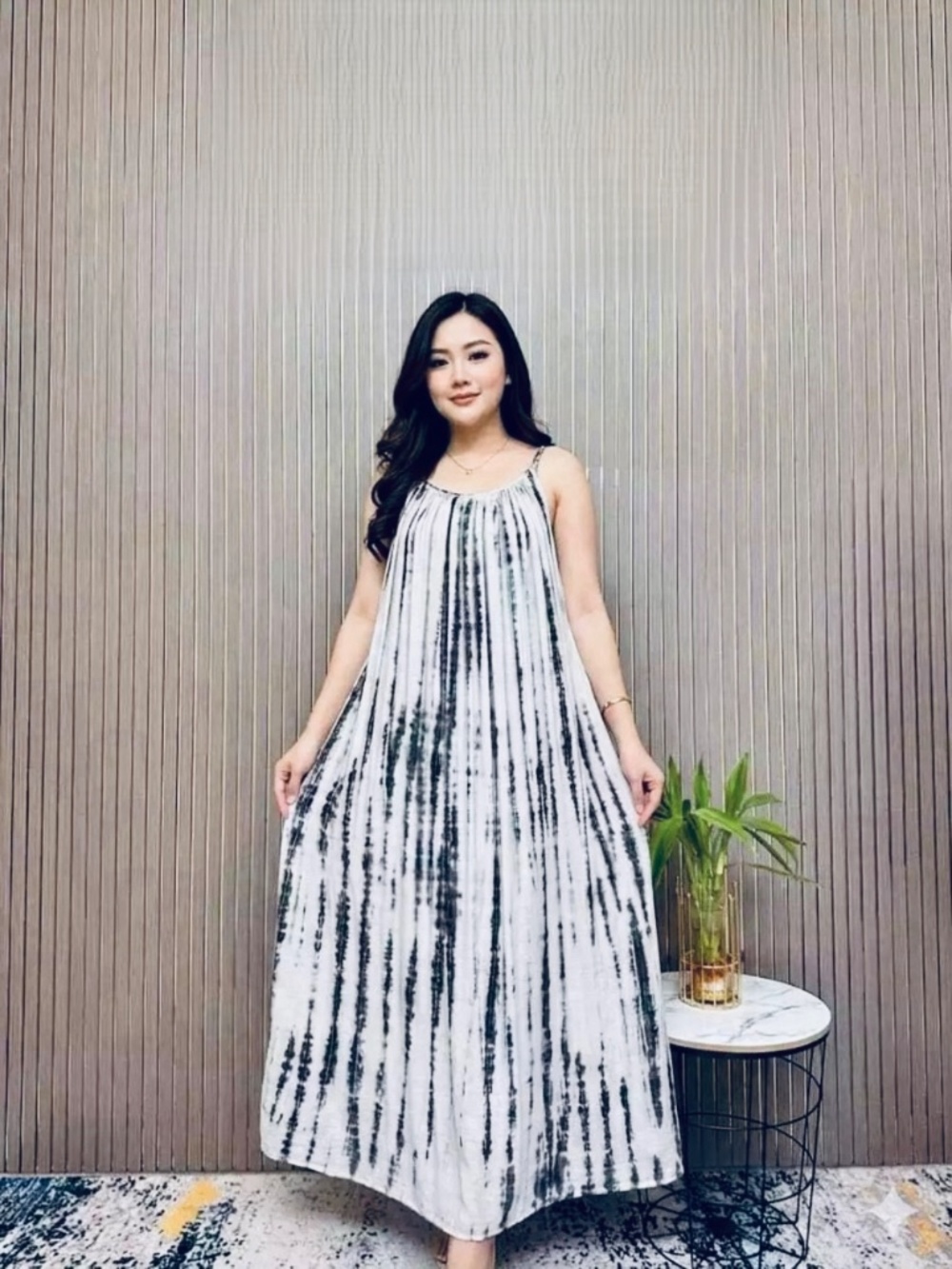 0043 /  Dark Grey and White Tie Dye Pattern Dress, Tie Strap Dress